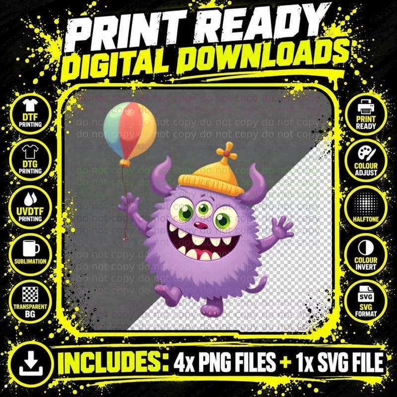 Friendly Purple Creature Graphic, Whimsical Cartoon 2 Png SVG Digital Bundle