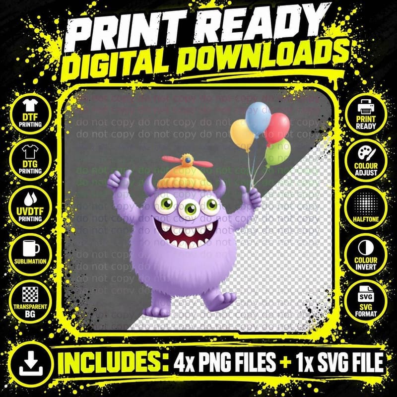 Friendly Purple Creature Graphic, Whimsical Cartoon 3 Png SVG Digital Bundle