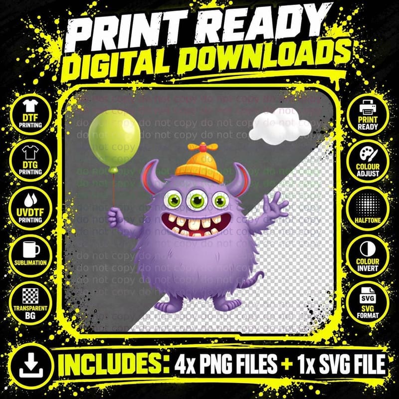 Friendly Purple Creature Graphic, Whimsical Cartoon Png SVG Digital Bundle