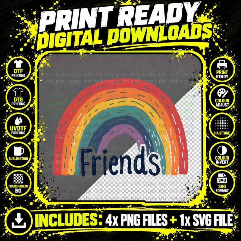 Friends Hand-Drawn Rainbow Multicolored Brush Strokes Png SVG Digital Bundle