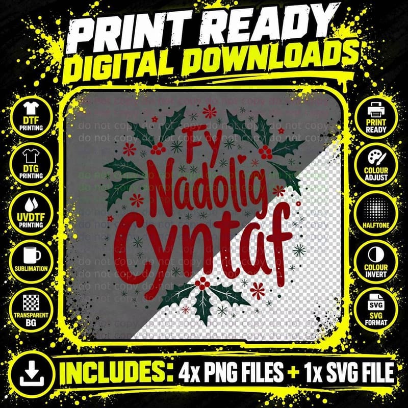 Fy Nadolig Cyntaf Red Handwritten Wreath Holly Berries Png SVG Digital Bundle