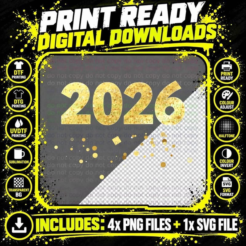 Gold Glitter 2026 Confetti New Year's Party Celebration Png SVG Digital Bundle