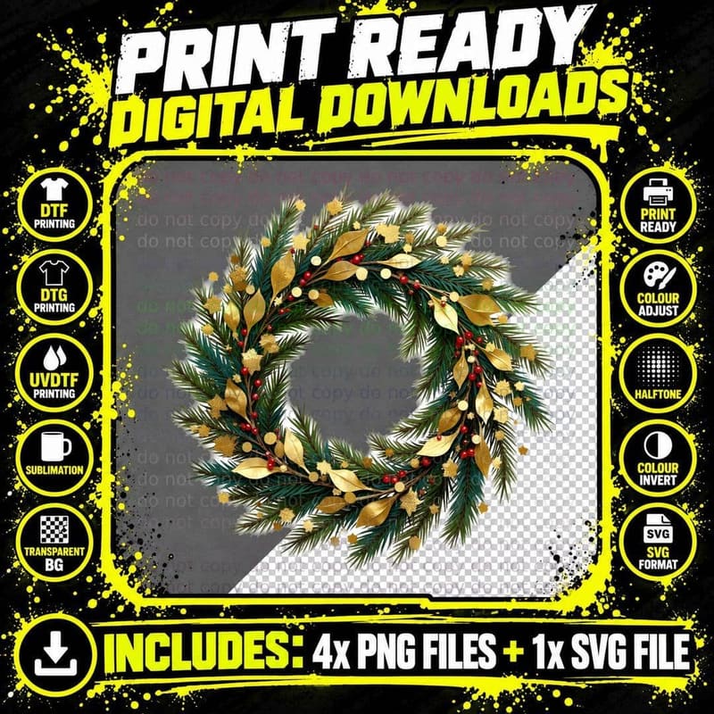 Golden Leaves & Pine Cones Wreath T-Shirt Png SVG Digital Bundle
