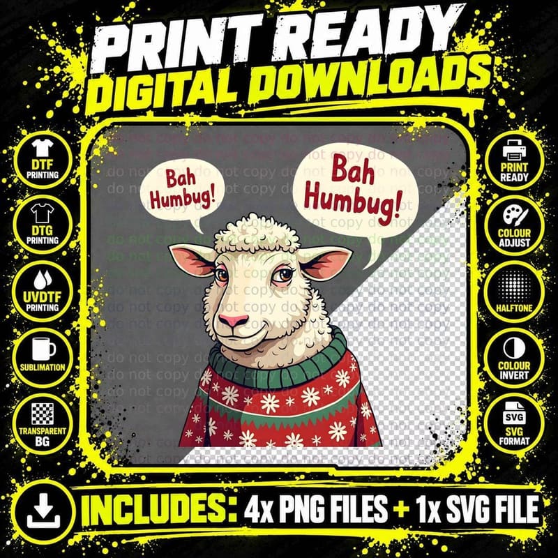 Grumpy Sheep Bah Humbug T-Shirt Png SVG Digital Bundle