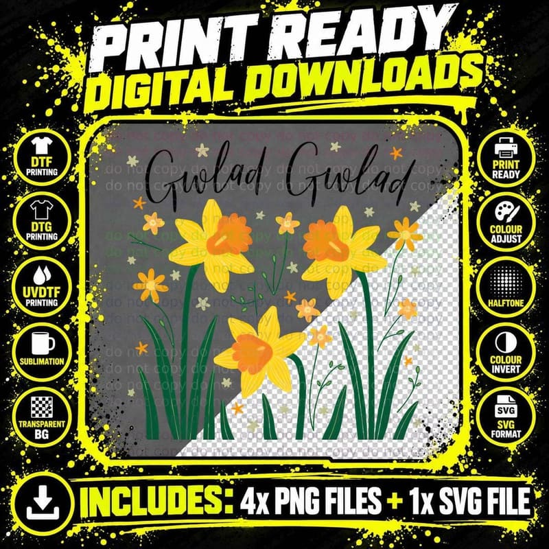 Gwlad Daffodil Cluster Cursive Gray Font T-Shirt Png SVG Digital Bundle