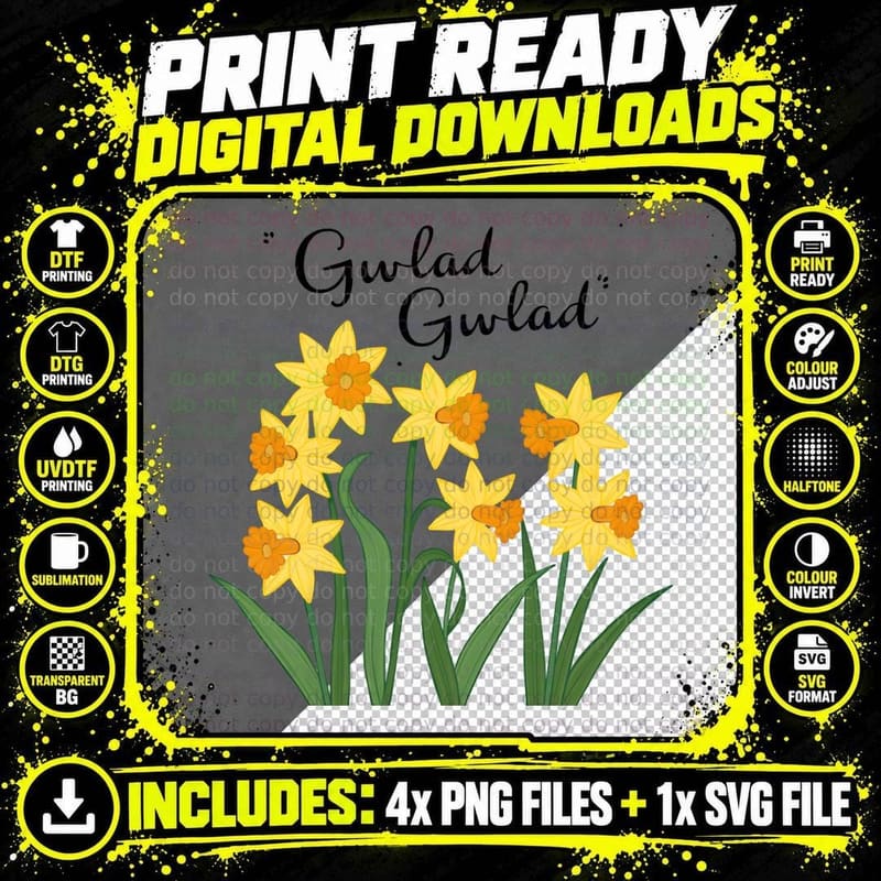 Gwlad Faint Cursive Daffodil Cluster Digital T-Shirt Png SVG Digital Bundle