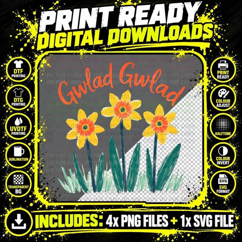 Gwlad Welsh Daffodil Orange Handwritten Graphic T-Shirt Png SVG Digital Bundle