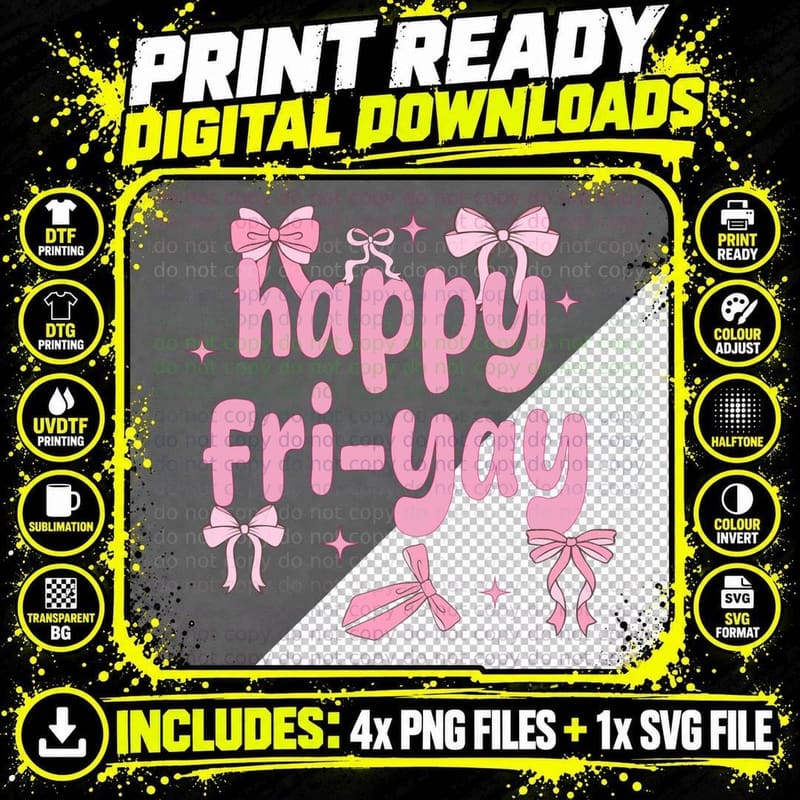 Happy Fri-YAY! Pink Bows Girly Cute Weekend Vibes Gift Png SVG Digital Bundle