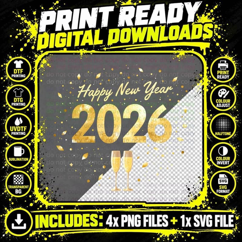 Happy New Year 2026 Gold Champagne Confetti Stars T-Shirt Png SVG Digital Bundle
