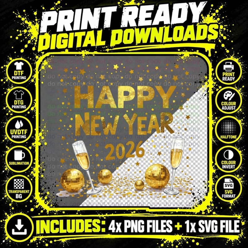 Happy New Year 2026 Gold Disco Champagne Flutes Png SVG Digital Bundle