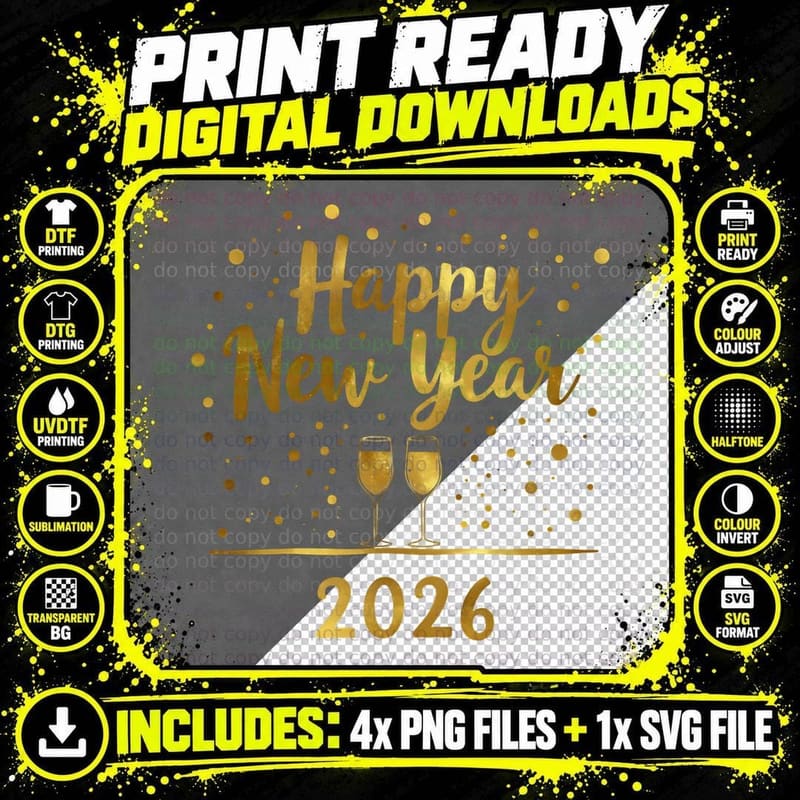 Happy New Year Gold Champagne Splatters 2026 Celebration Png SVG Digital Bundle