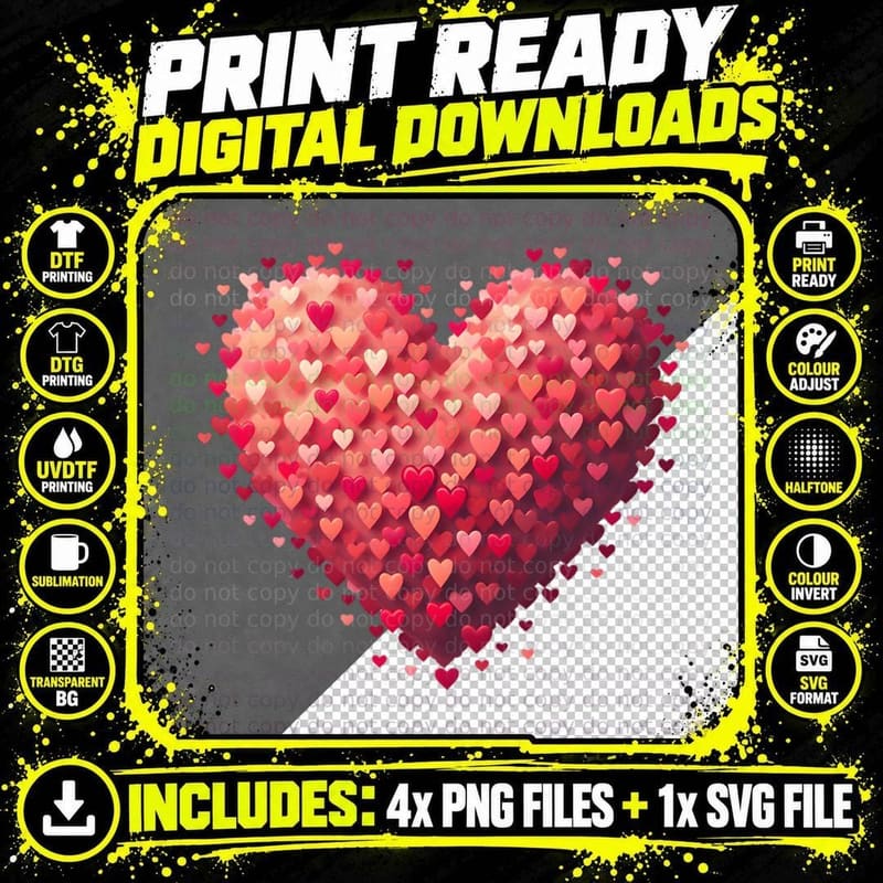 Heart Cluster Vibrant Textured Pink Red Peach Small Png SVG Digital Bundle