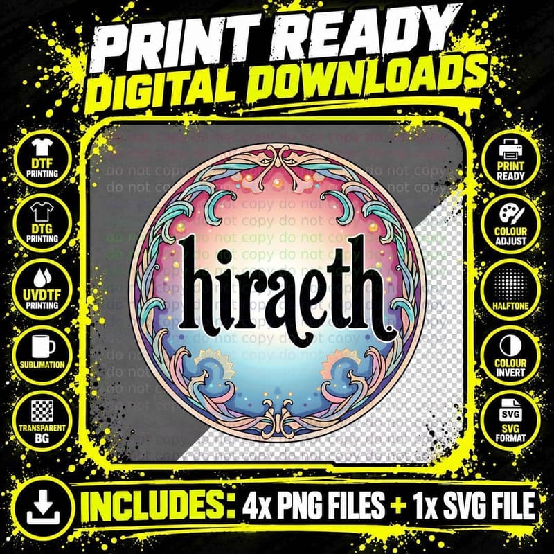 Hiraeth Holographic Welsh Word Ornate Pastel Color Wheel Png SVG Digital Bundle