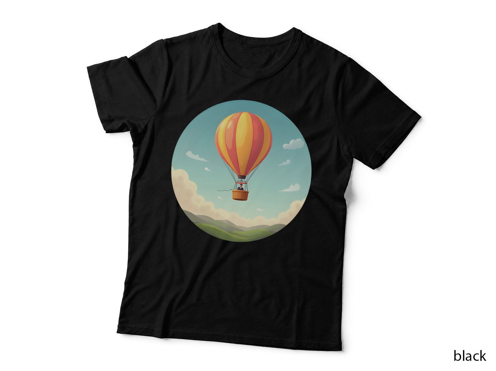 Hot Air Balloon with Person in Basket Blue Sky Scenery T-Shirt