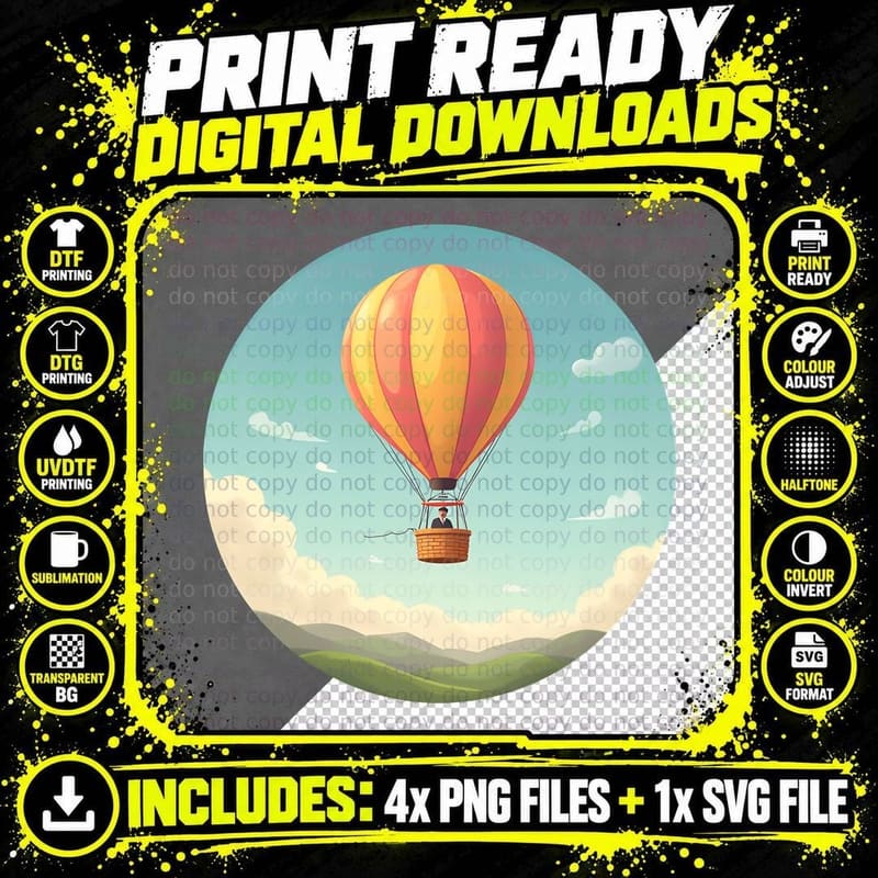 Hot Air Balloon with Person in Basket Blue Sky Scenery Png SVG Digital Bundle