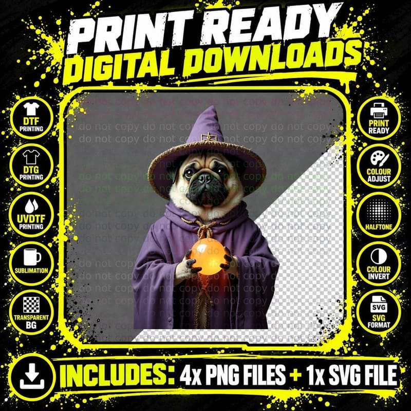Humorous Pug in a Wizard Robe T-Shirt Png SVG Digital Bundle