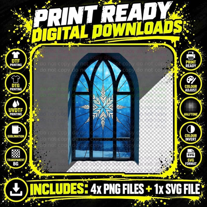 Intricate Blue Stained Glass Snowflake T-Shirt Png SVG Digital Bundle