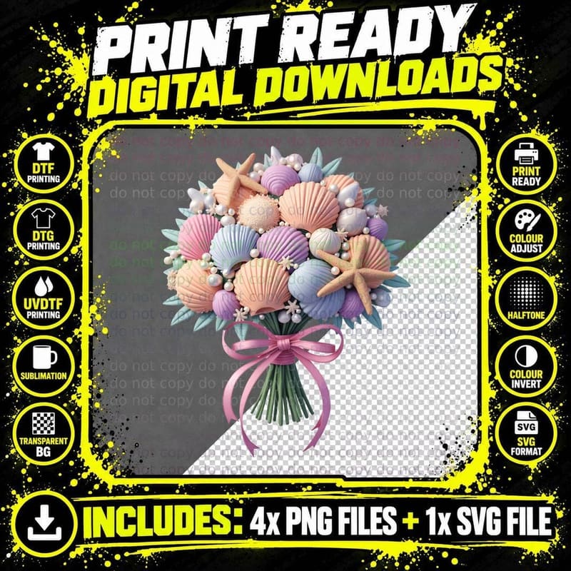 Iridescent Shells Starfish & Pearls T-Shirt Png SVG Digital Bundle