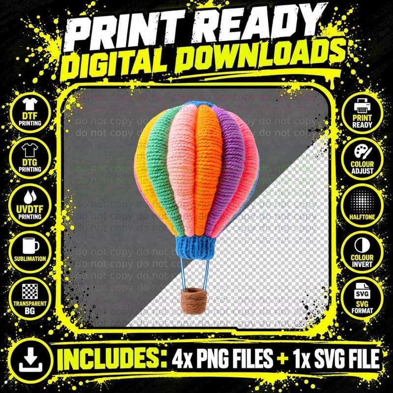 Knitted Hot Air Balloon Multicolored Stripes Pink Orange Png SVG Digital Bundle