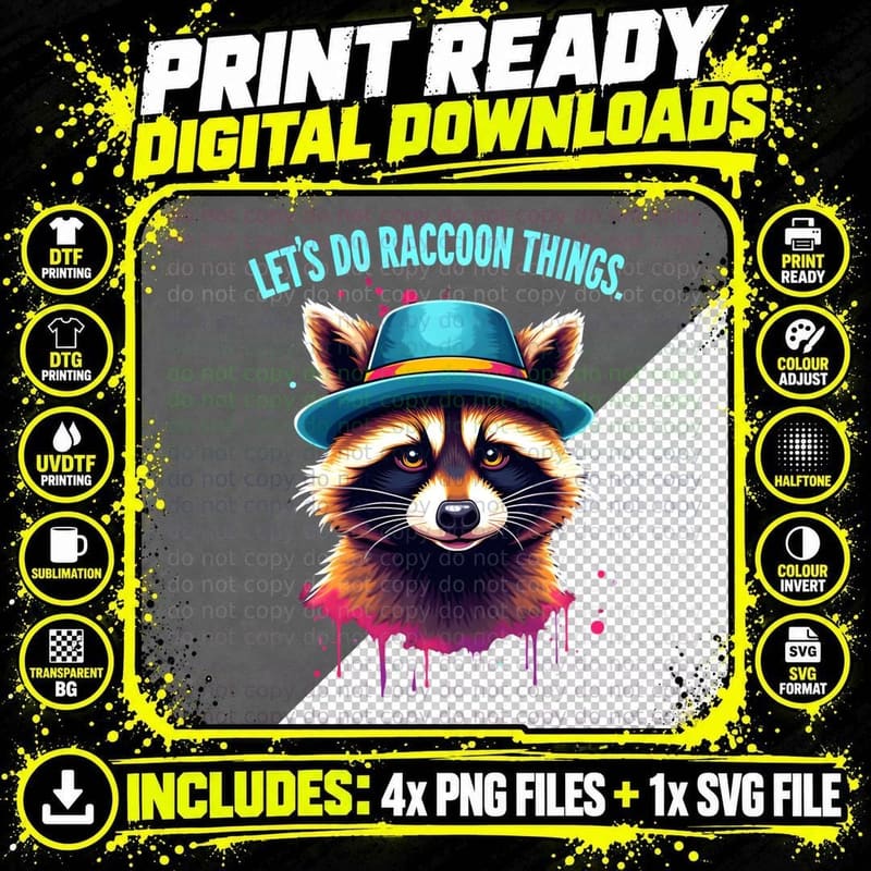 LETS DO Raccoon Things, Vibrant Raccoon Face with Hat Png SVG Digital Bundle