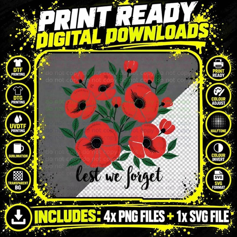 Lest We Forget Poppies 2D Geometric Shapes Remembrance Png SVG Digital Bundle