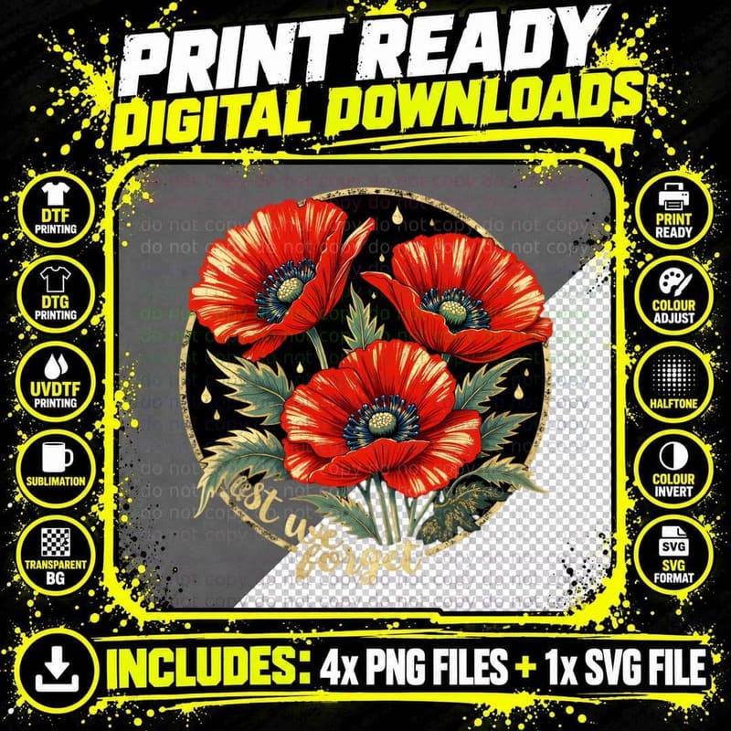 Lest We Forget Poppies Gold Flecks Remembrance Veterans Png SVG Digital Bundle