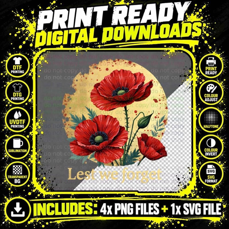 Lest We Forget Poppies Gold Glitter Remembrance Veterans Png SVG Digital Bundle