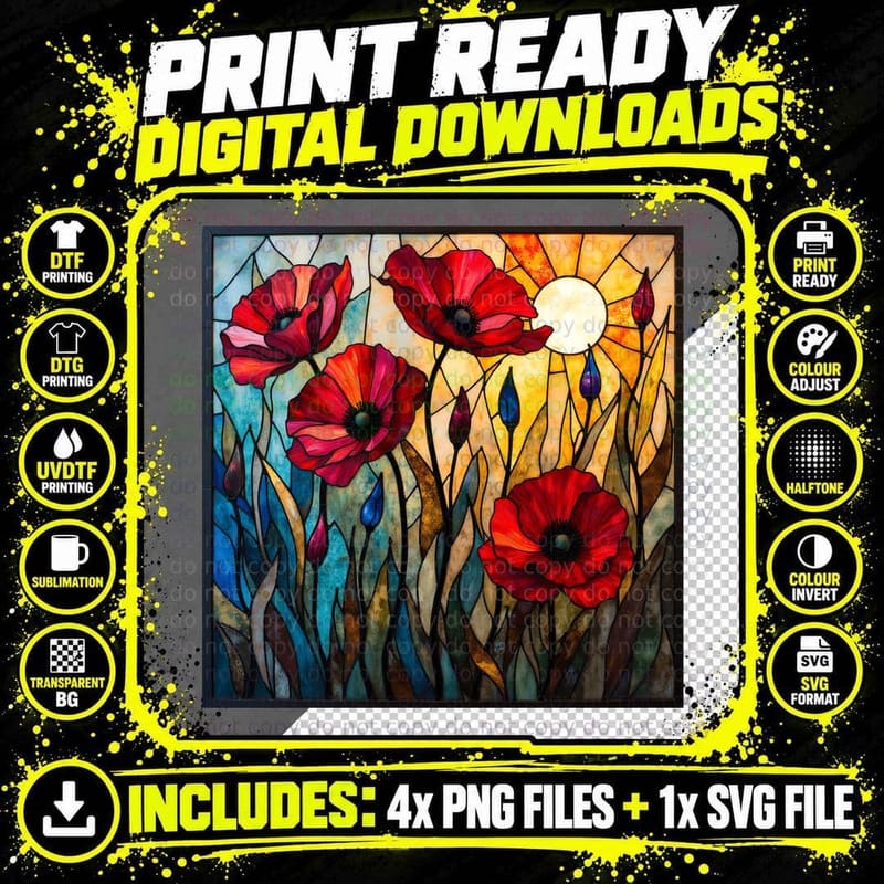 Lest We Forget Stained Glass Poppies Remembrance Png SVG Digital Bundle