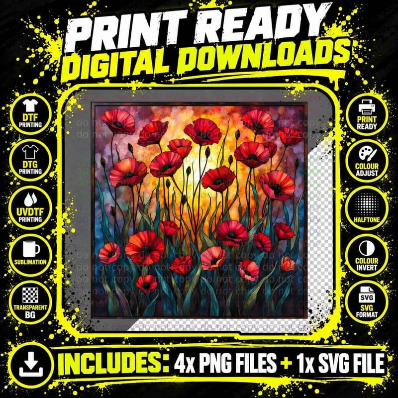 Lest We Forget Stained Glass Remembrance Poppies Png SVG Digital Bundle