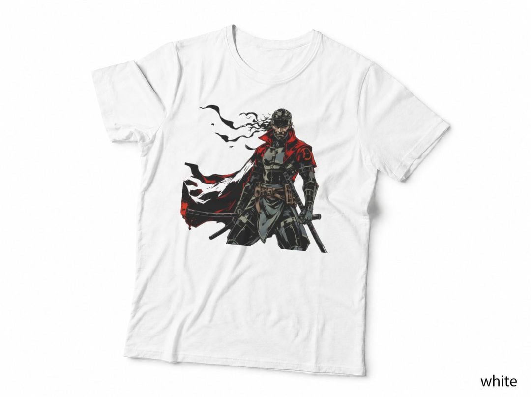 Long-Haired Bearded Man Futuristic Armor Red Cape Swords Comic T-Shirt