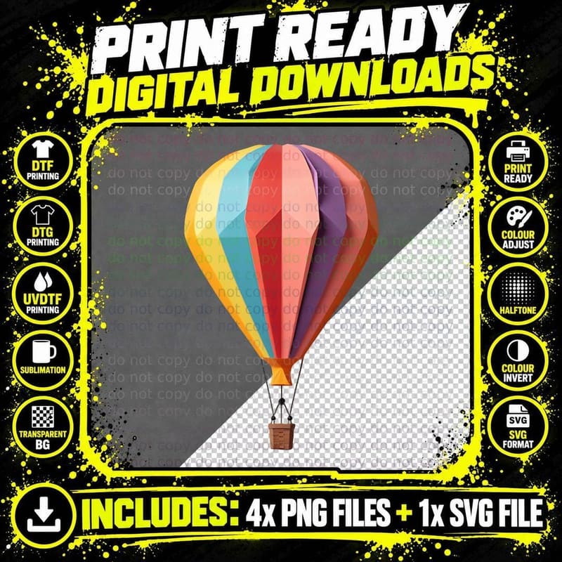 Low-Poly Geometric Hot Air Balloon Colorful Vibrant Png SVG Digital Bundle