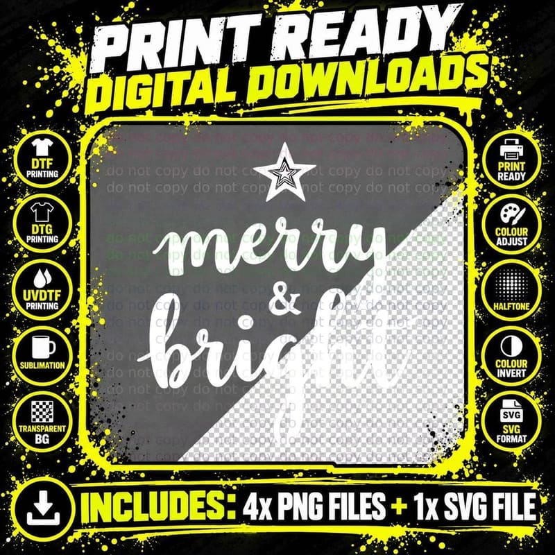 Merry & Bright Ink Drawing T-Shirt Png SVG Digital Bundle