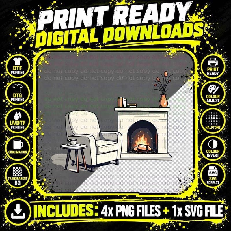 Minimalist Cozy Armchair by Fireplace T-Shirt Png SVG Digital Bundle
