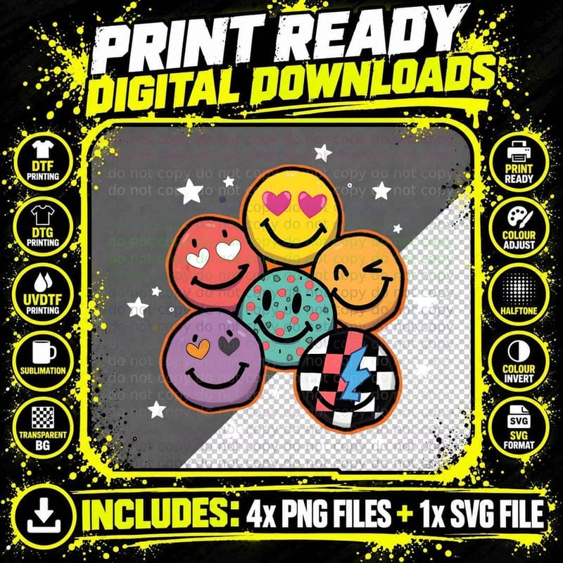 Multicolored Smiley Face, Stars, Leopard Print Png SVG Digital Bundle