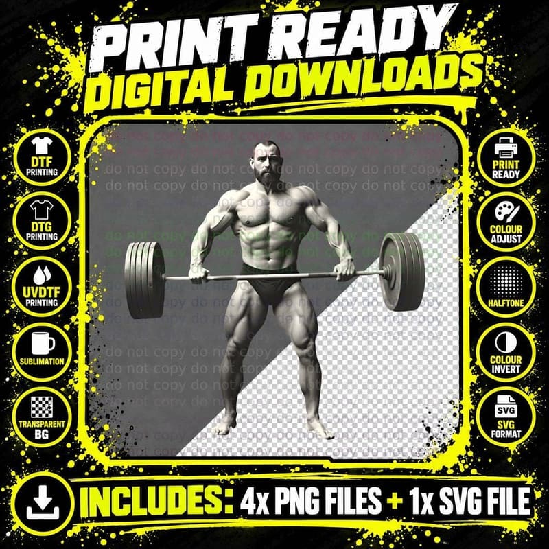 Muscle-Bound Strongman Lifting Weights T-Shirt Png SVG Digital Bundle