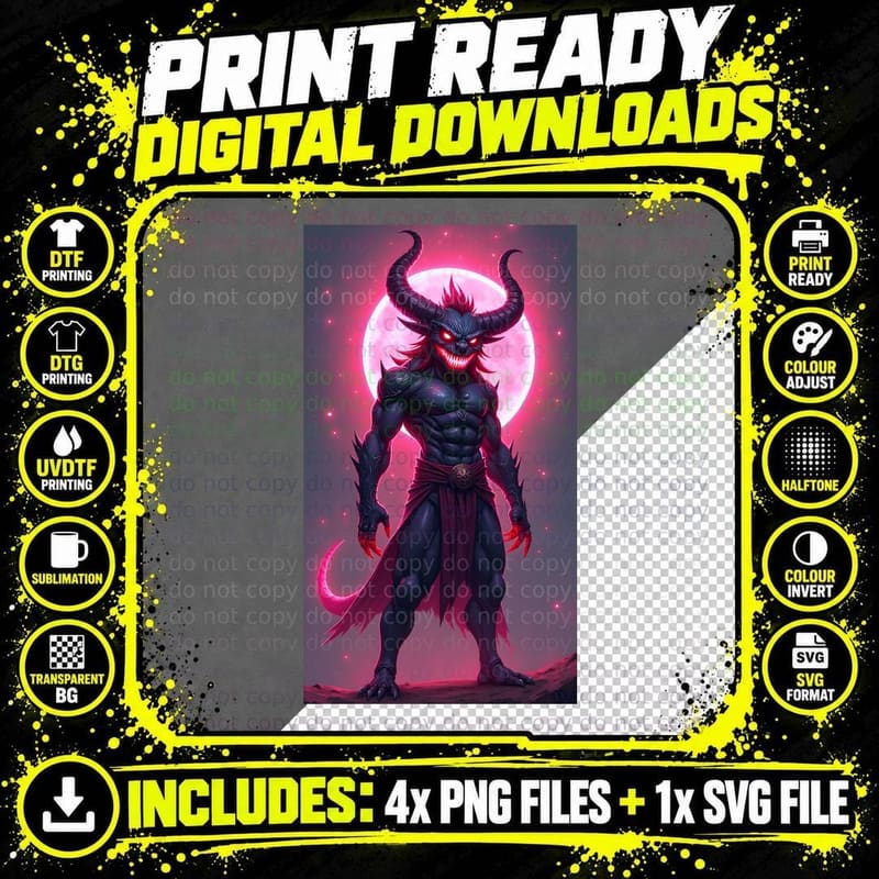 Muscular Demon Red Eyes Pink Moon Spiked Armor Fantasy Png SVG Digital Bundle