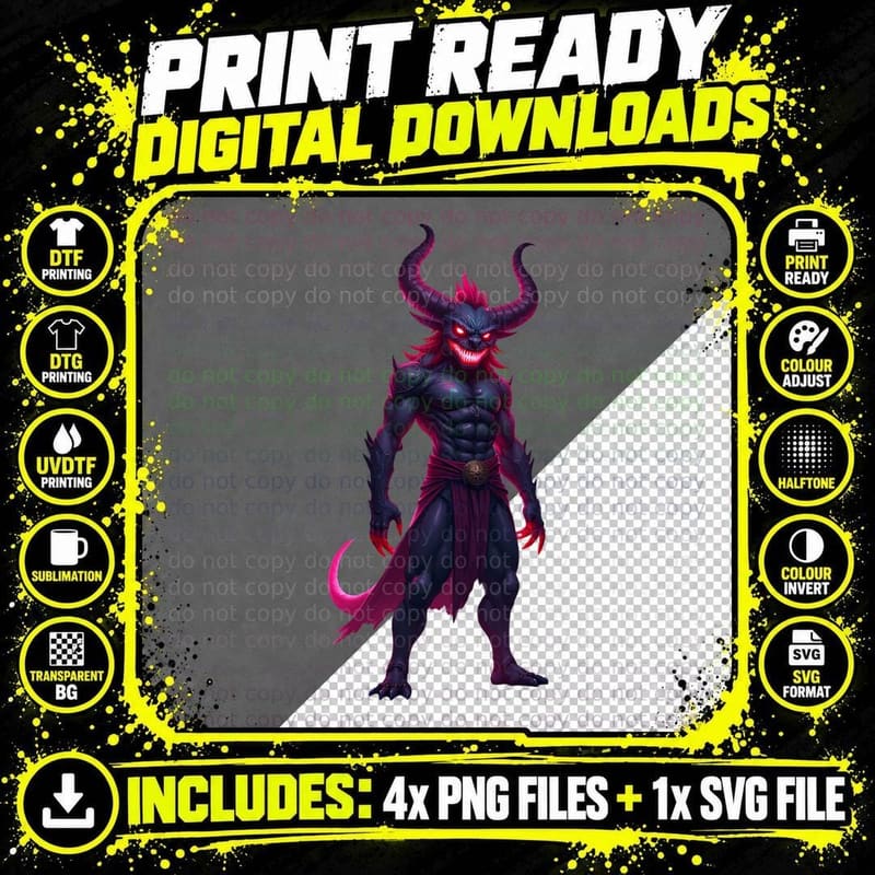 Muscular Purple Demon Horns Glowing Red Eyes Fantasy Png SVG Digital Bundle