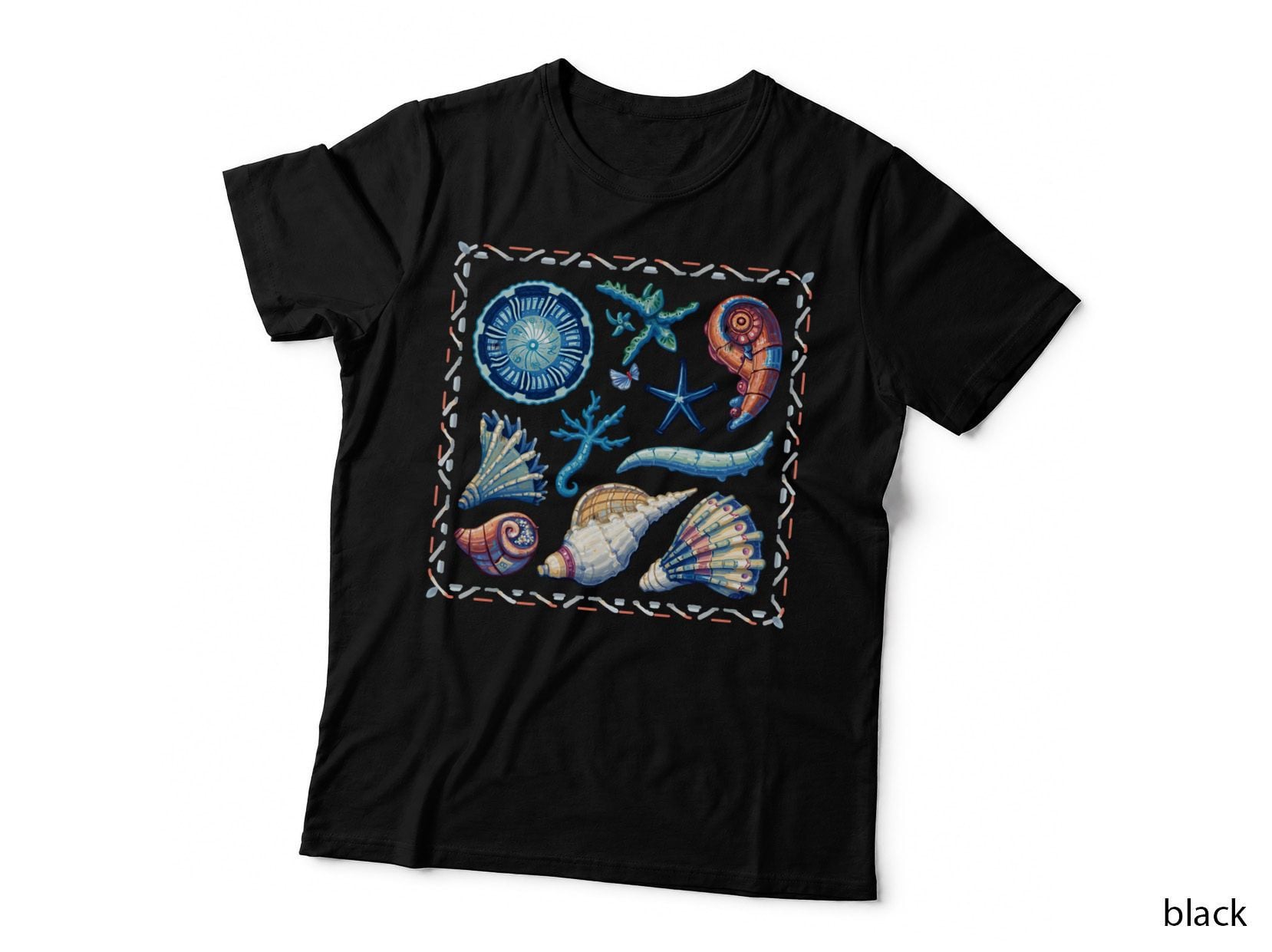 Ocean Sea Shell Starfish Jellyfish Blue Orange Decorative T-Shirt
