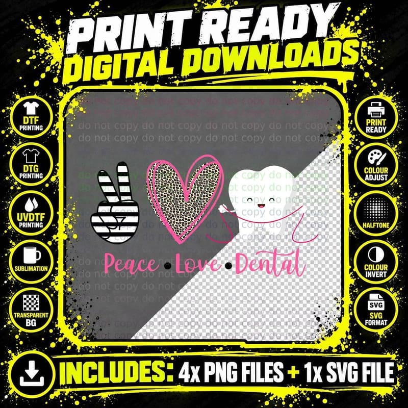 Peace Love Dental Leopard Heartth Cute Dentist Gifts Png SVG Digital Bundle