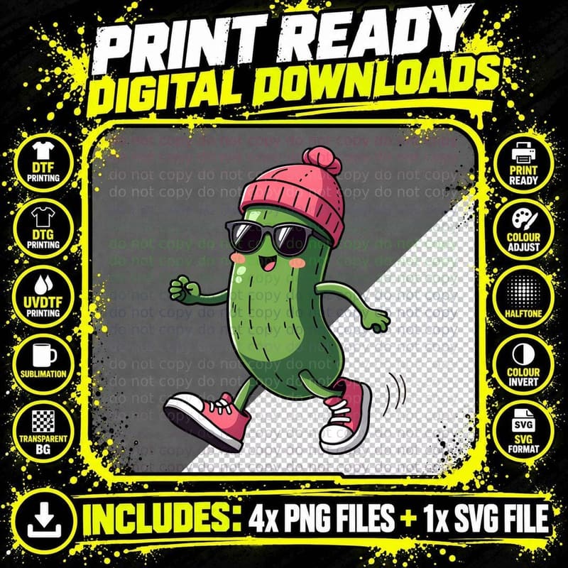 Pink Beanie & Sunglasses Cartoon Pickle Character Pink Png SVG Digital Bundle