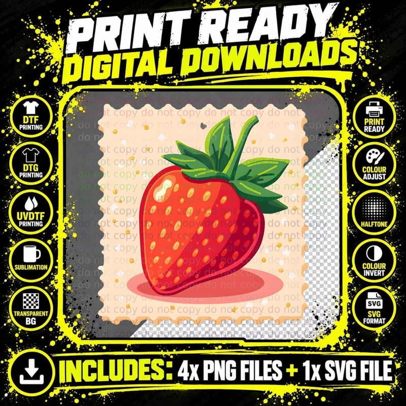 Playful Cartoon Strawberry Stamp T-Shirt Png SVG Digital Bundle