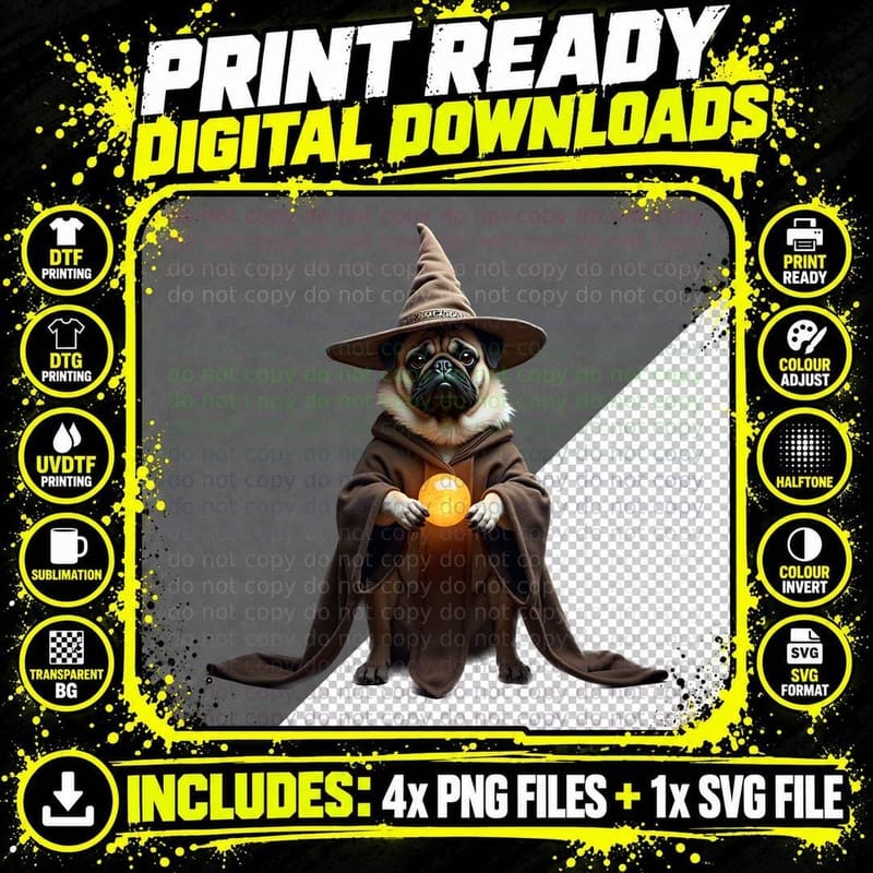 Pug Wizard with a Magical Orb T-Shirt Png SVG Digital Bundle