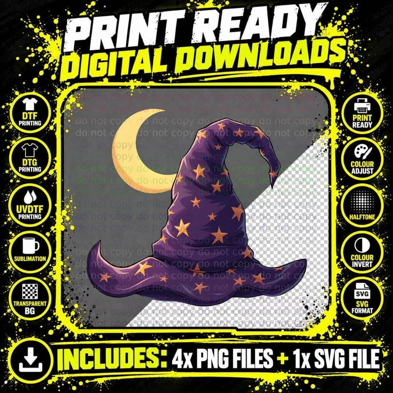 Purple Wizard Hat with Gold Stars Moon Fantasy Magical Png SVG Digital Bundle