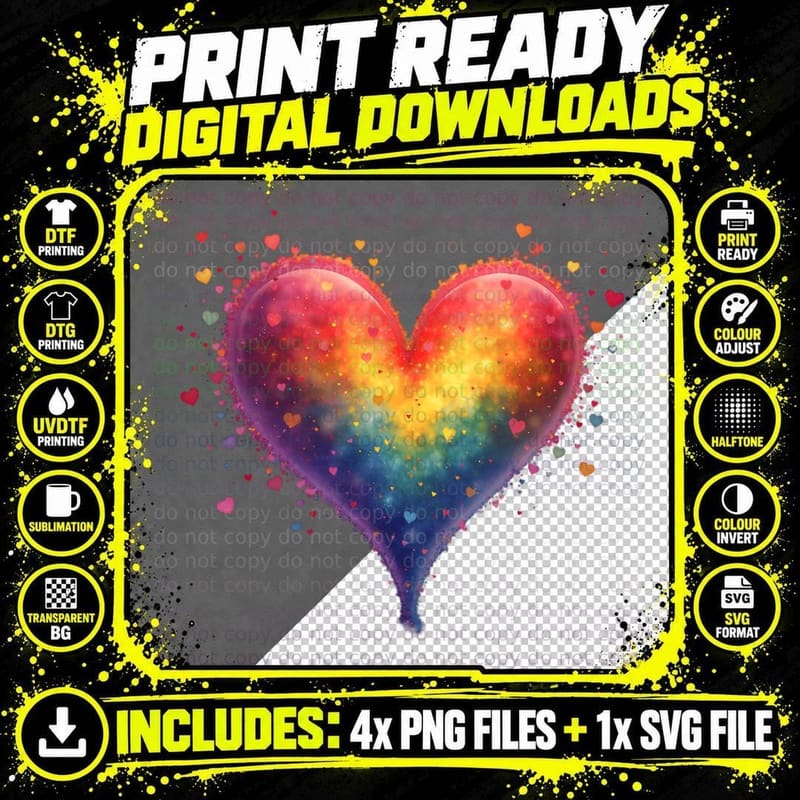 Rainbow Glitter Heart Whimsical Dreamlike Vibrant Png SVG Digital Bundle