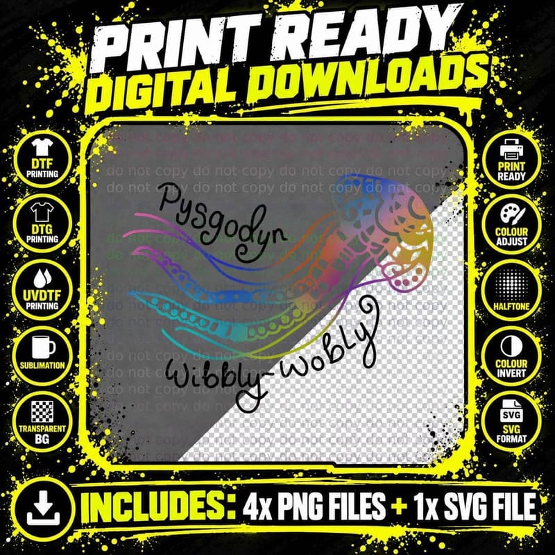 Rainbow Gradient Jellyfish Pysgodyn Wibbly Wobbly Welsh Png SVG Digital Bundle