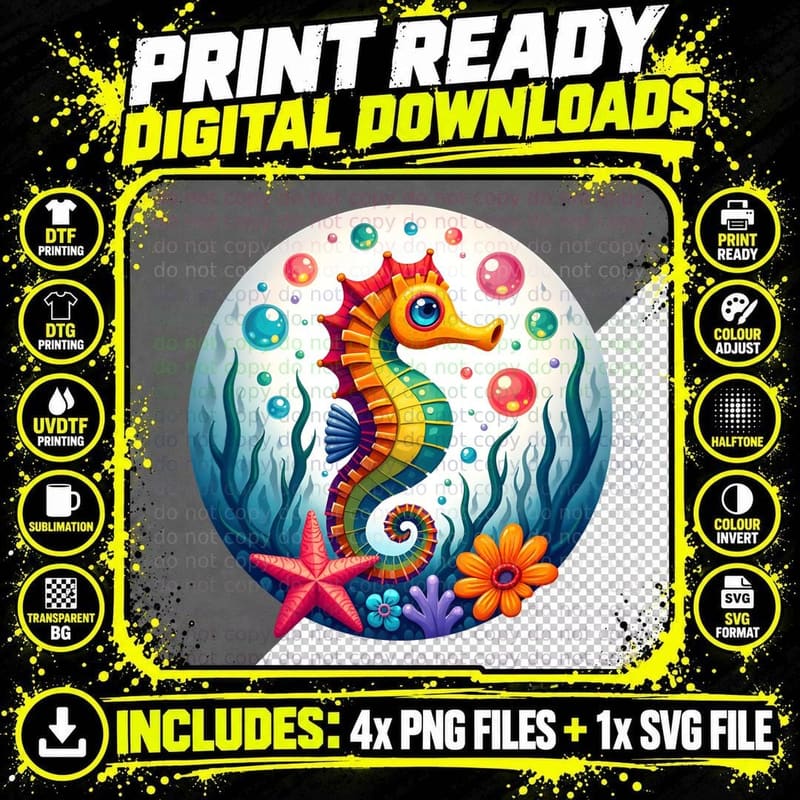 Rainbow Seahorse Ocean Art T-Shirt Png SVG Digital Bundle