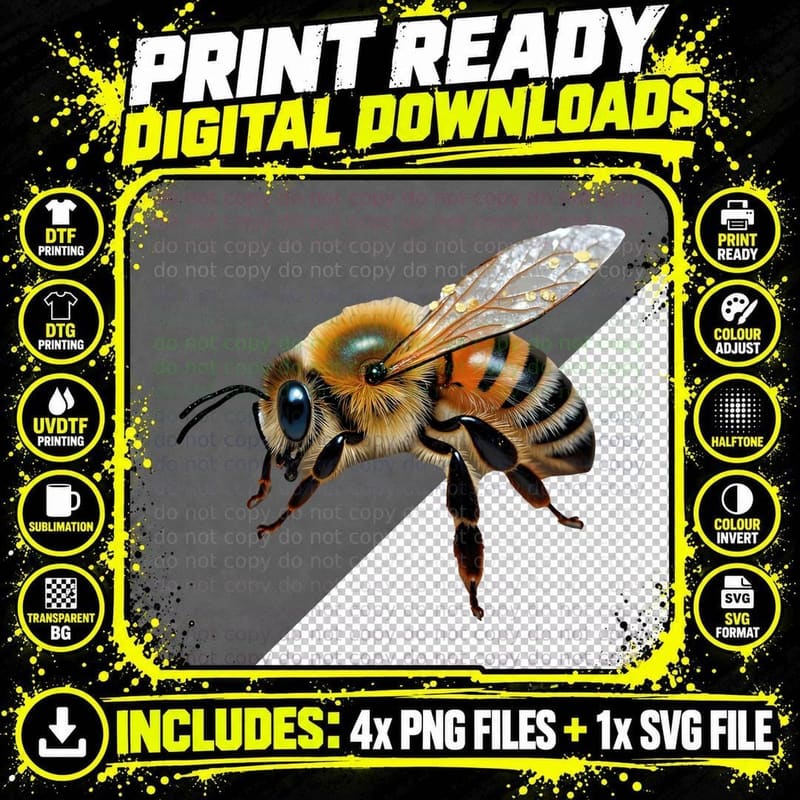 Realistic Flying Honeybee Detailed Pollen Wings Insect Png SVG Digital Bundle