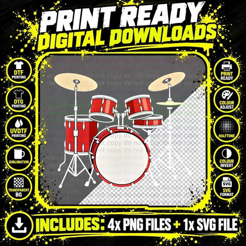 Red Drum Kit with Cymbals Snare Tom-Toms T-Shirt Png SVG Digital Bundle