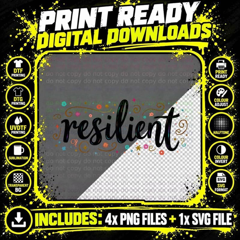 Resilient Hand-Drawn Cursive Gold Filigree T-Shirt Png SVG Digital Bundle