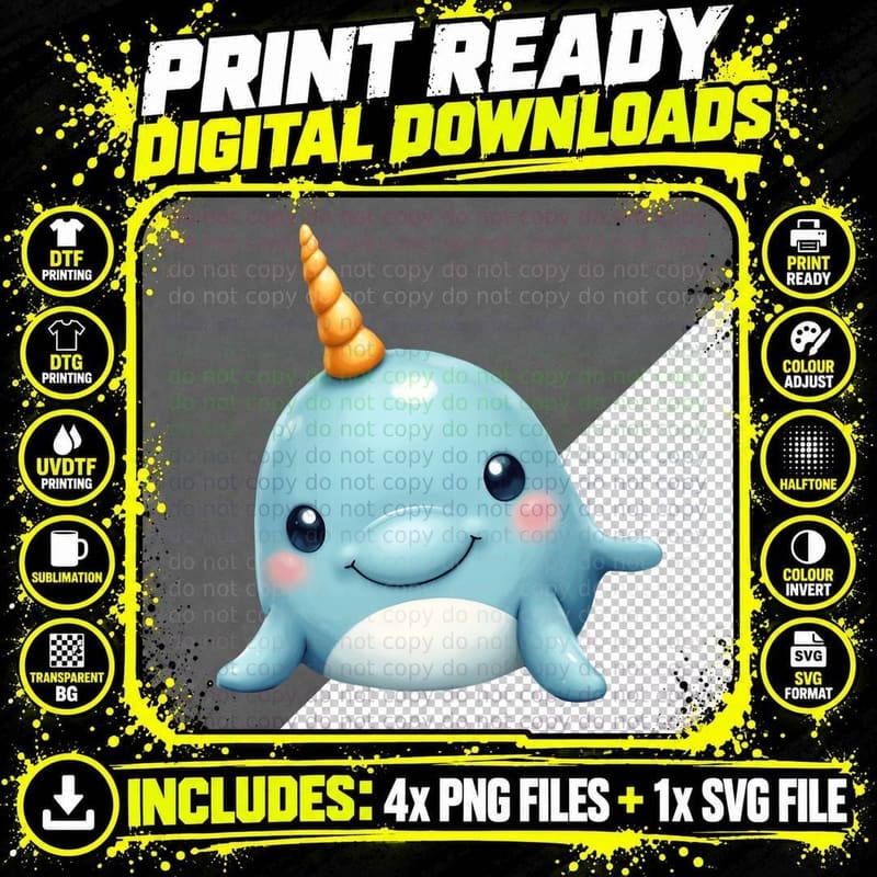 Smiling Narwhal Cartoon with Orange Horn and Rosy Cheeks Png SVG Digital Bundle